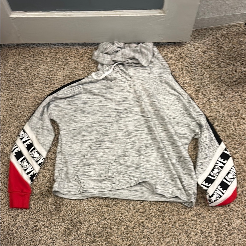 Gray Hoodie with Red and Black Sleeve Accents